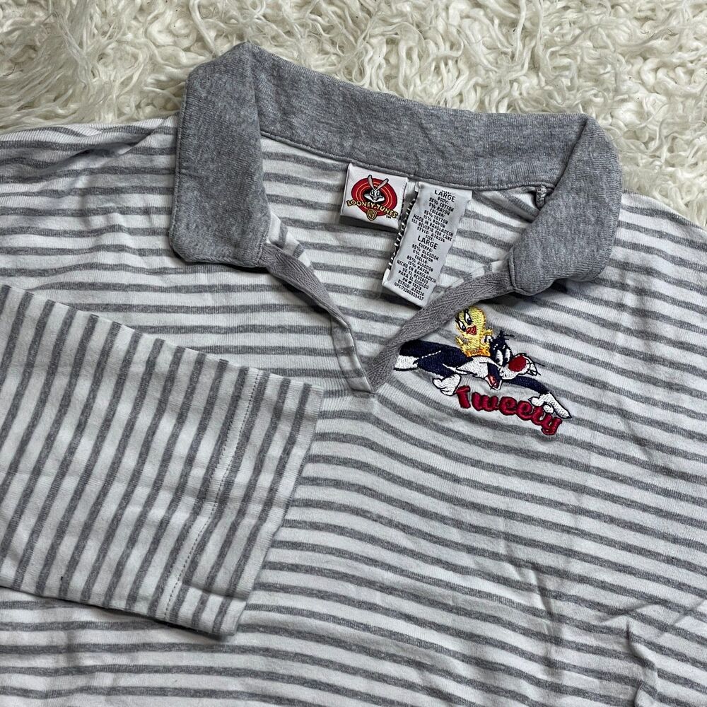 Tweety Bird Polo Shirt Women’s SZ L Grey White Striped  Qtr Length Sleeves VTG
